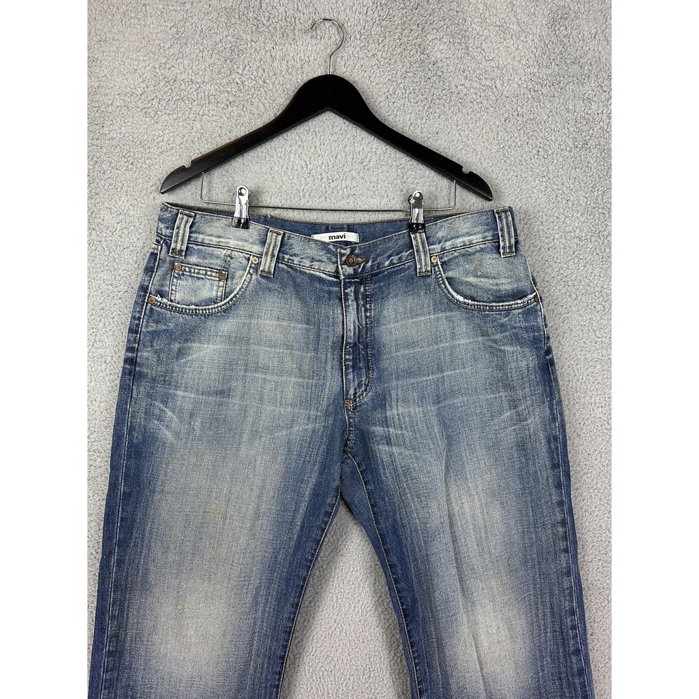 Mavi Jeans Mens 38x26 Blue Denim Raw Hem Cropped Distressed Faded Whiskered Mens
